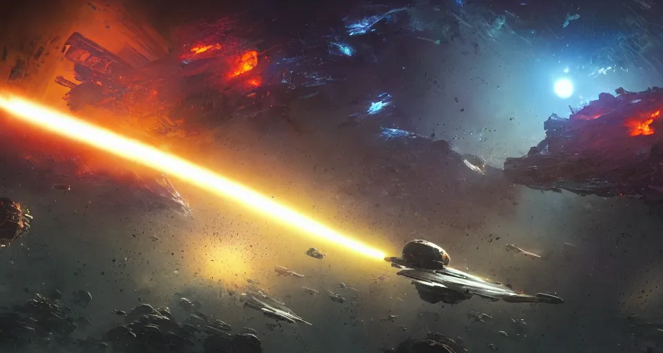 Prompt: Wide shot of a spaceship battle, explosions and lasers, burning wrecks. Asteroid belt. Scenic view, in the void of space, underexposed, matte painting by Craig mullins and Emmanuel_Shiu and john berkey, cinematic, dark sci-fi, concept art trending on artstation, 4k, insane details, ultra realistic