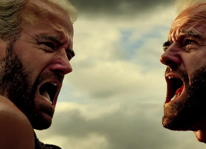 Image similar to film still of joe biden as leonidas shouting in 3 0 0 movie, 8 k, epic moody sky, dramatic lighting