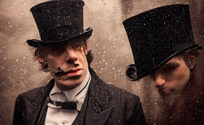 Image similar to cinestill 5 0 d candid photographic portrait by david cronenberg of baroque steampunk cyborg gentleman wearing an edwardian suit and top hat, modern cyberpunk moody emotional cinematic, closeup, pouring rain menacing lights shadows, 8 k, hd, high resolution, 3 5 mm, f / 3 2, ultra realistic faces, ex machina