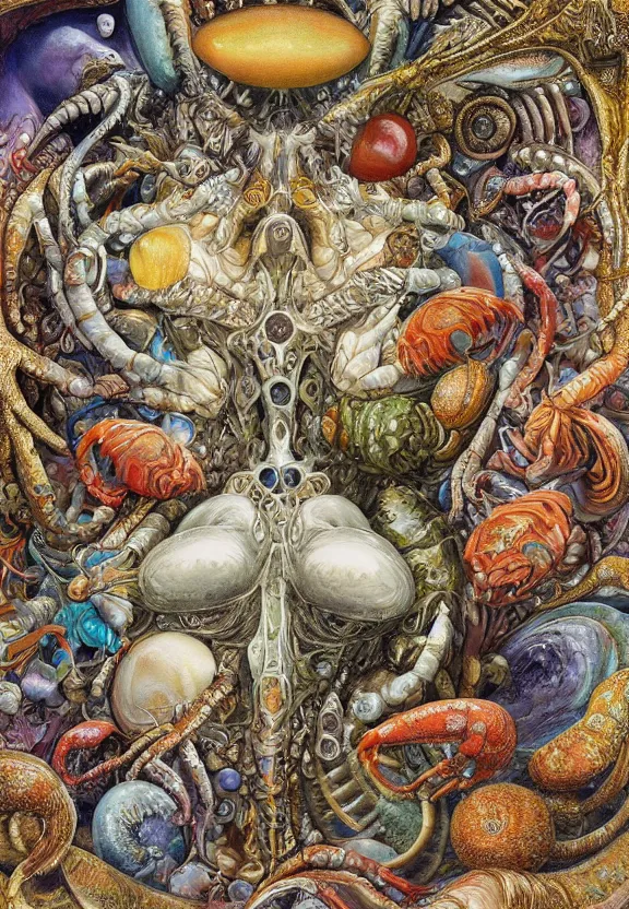 Prompt: simplicity, colorful muscular eldritch bodies and mollusks and crabs radiating around fractal, mandala white bones, colorful gems, brush pen, by h. r. giger and esao andrews and maria sibylla merian eugene delacroix, gustave dore, thomas moran, pop art, chiaroscuro, biopunk, art nouveau