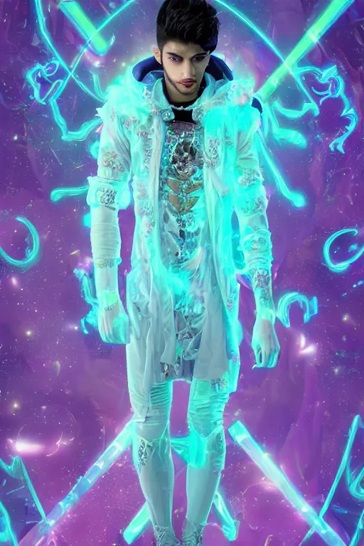 Image similar to photo of full-body rococo and cyberpunk delicate neon crystalline sculpture of ((handsome muscular onyx prince Zayn Malik)) as an blue iridescent humanoid deity wearing ((peach plastic hooded cloak)) (holding an onyx skull) in a onyx castle dungeon, reclining, glowing pink face, crown of (pink lasers), large blue diamonds, swirling black silk fabric. futuristic elements. oozing glowing liquid, full-length view. space robots. intricate artwork by caravaggio. Trending on artstation, octane render, cinematic lighting from the right, hyper realism, photorealistic, octane render, 8k, depth of field, 3D