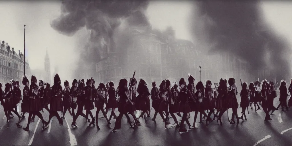 Prompt: a vintage photograph of a bunk of punk girls marching on the street of london, depressive vibe, strong subsurface scattering, red smoke, newspapers flying in the background, 1 9 9 0 s style, vintage style, scary lighting, stunning scene, highly detailed, concept art, trending on artstation