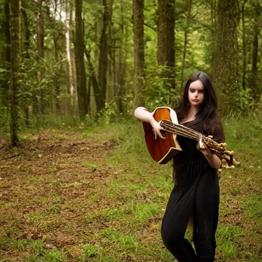 Image similar to young woman with long dark hair playing mandolin in the woods, HD photography, trending on artstation