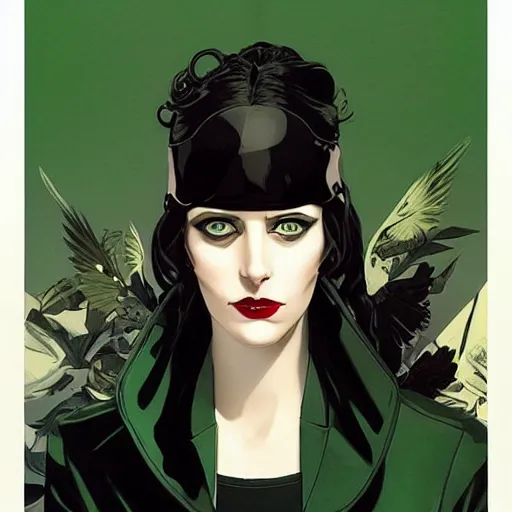 Prompt: Joshua Middleton comic art, wide shot, stunning elegant female Eva Green, spy, eye patch over left eye,beautiful evil smile, symmetrical face, symmetrical eyes, leather clothing, long straight green black hair, full body, Midnight pattern