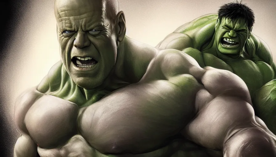 Image similar to bruce willis is hulk paint by various artists, hyperdetailed, artstation, cgsociety, 8 k