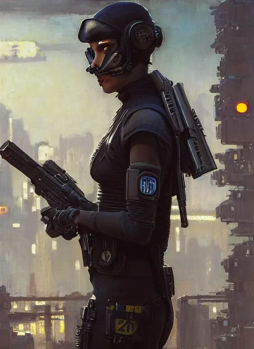 Prompt: 🧕🏾. cyberpunk police trooper in a military vest ( blade runner 2 0 4 9, cyberpunk 2 0 7 7 ). orientalist portrait by john william waterhouse and james gurney and theodore ralli and nasreddine dinet, oil on canvas. cinematic, hyper realism, realistic proportions, dramatic lighting, high detail 4 k