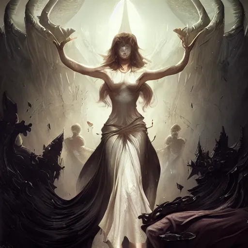 Prompt: Deborah the Lesser Angel of Multitudes, graceful, clothed in the black ebony robes of The Watchers, muted colors, 4k, cinematic lighting, unreal engine 5, extreme detail, focused, masterpiece, art by Peter Mohrbacher