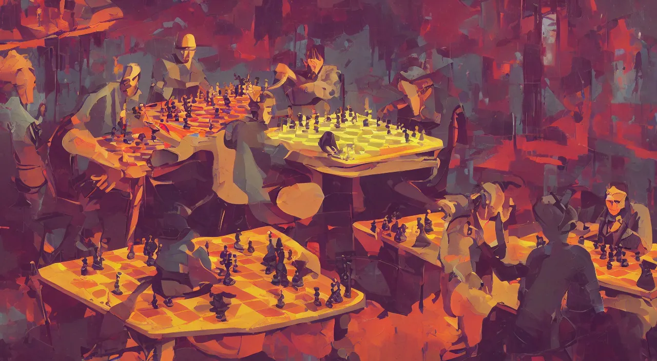 Image similar to a graph style gauche impasto, oil paint, people playing chess, steampunk art by james gilleard, cgsociety, retrofuturism, synthwave, retrowave, outrun, autumn color.