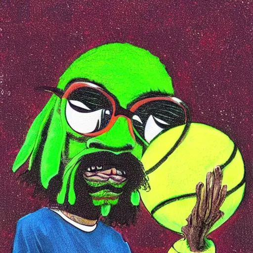 Image similar to snoop dogg tennis ball monster ,tennis ball, digital art, fantasy,chalk, magic, trending on artstation, ultra detailed, professional illustration by Basil Gogos