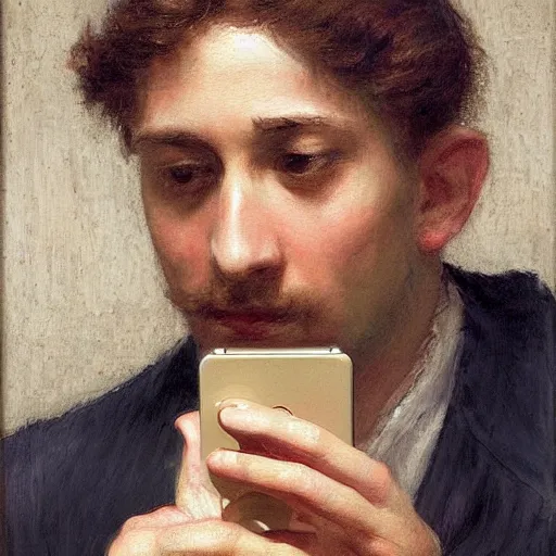 Prompt: A photorealistic painting of a man looking at his iphone in the style of Eugene de Blaas