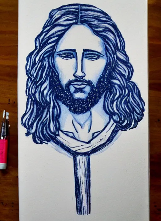 Image similar to painting of jesus drawn with blue pen on checkered notebook sheets,