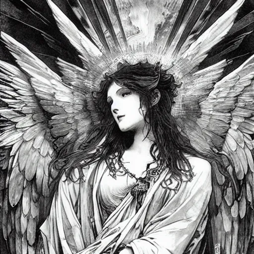 Image similar to heavenly angel of death and solace by gustave dore and alphonse mucha yoji shinkawa apophasis