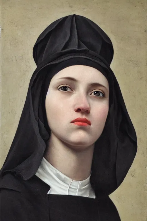 Prompt: hyperrealism extreme close-up portrait of young beautiful nun with black flowers in hair, wearing hyper detailed black clothes, in style of classicism