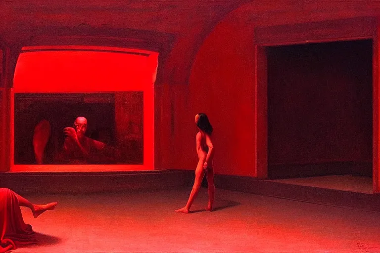 Image similar to only with red, crowd screaming, an exposed painting in a roman theater, in the style of beksinski, parts by edward hopper, parts by rodcenko, parts by yue minjun, intricate and epic composition, red by caravaggio, insanely quality, highly detailed, masterpiece, red light, artstation, 4 k