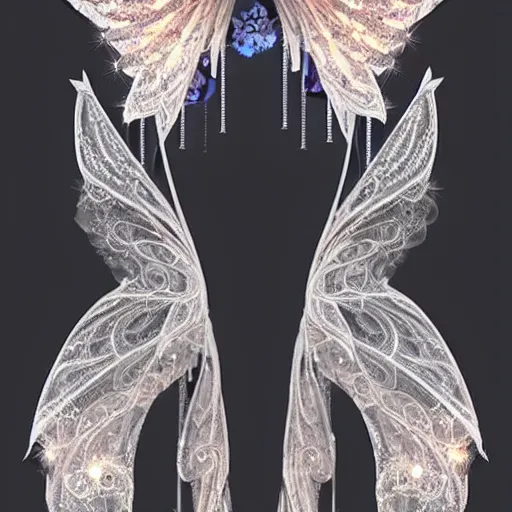 Image similar to pair of fairy wings with an intricate couture chandelier inspired accent design full of swirls, hanging crystals, artstation trending, cgsociety