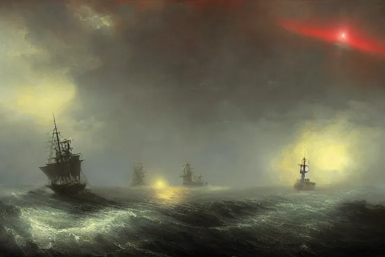 Image similar to A beautiful matte painting of huge alien spaceship attacking with powerful red lasers a Sailship in ocean in thunderstorm by Greg Rutkowski and Ivan aivazovsky