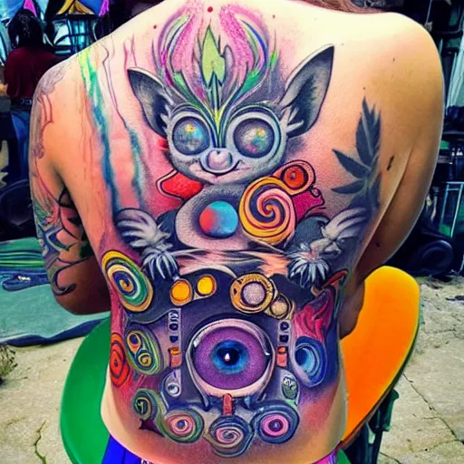 Image similar to shoulder back tattoo of a multicolored hallucinogenic cute bush baby dj with 2 recordplayers, eyes are colorful spirals, surrounded with colorful magic mushrooms and rainbowcolored marihuana leaves, insanely integrate