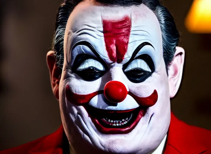 Image similar to ted cruz as art the clown, movie still, from the new terrifier movie, 8 k, realistic