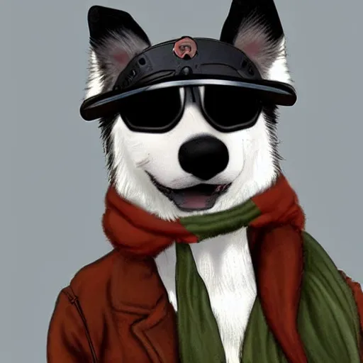 Prompt: a border collie as a ww1 era pilot with pilot goggles and scarf, artstation