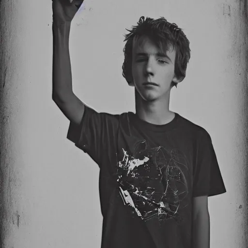 Image similar to medium shot teenager holding skateboard, double exposure, portrait
