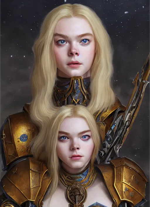 Image similar to Elle Fanning a Warhammer 40k paladin, glorious LONG BLOND hair, by Ivan Aivakovsky, by Boris Vallejo, epic fantasy character art, D&D Concept Art, full length, Realistic, Regal, Refined, Detailed Digital Art, Oil Paining, Exquisite detail, post-processing, masterpiece, Cinematic Lighting, Unreal Engine, 8k, HD