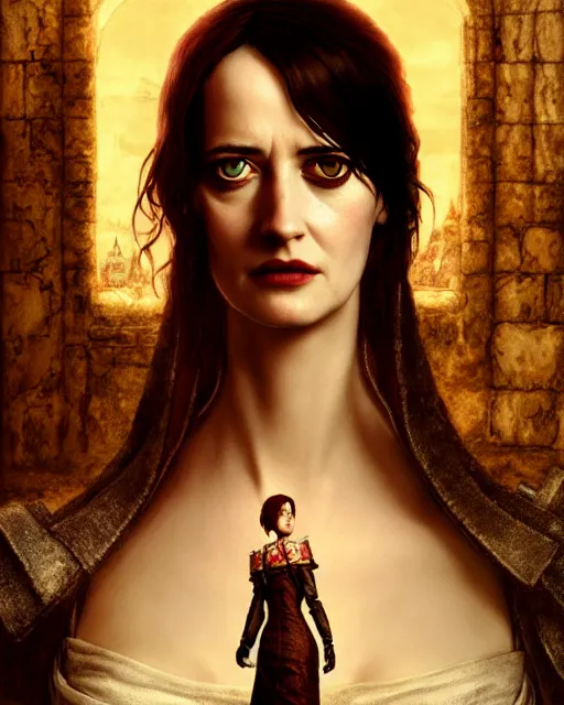 Prompt: character portrait of eva green with gorgeous detailed eyes in a castle, color page, tankoban, 4 k, tone mapping, doll, akihiko yoshida, james jean andrei riabovitchev marc simonetti, yoshitaka amano