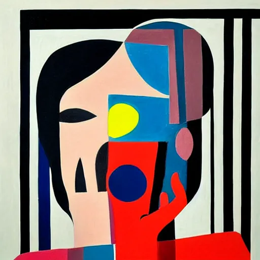 Prompt: painting on a person on the phone, abstract, collage, geometric abstraction, block colours, painting by Sonia Delaunay, beautiful