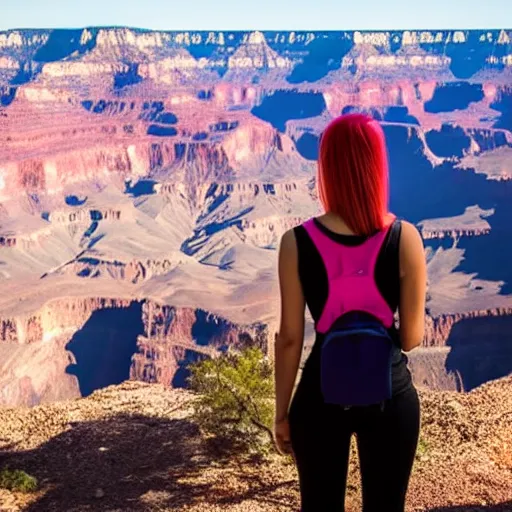 Image similar to a young woman with long pink hair looking at grand canyon, hiking clothes, tank top, backpack, arizona, grand canyon in background, cinematic, beautiful, stunning, morning, epic, 8 k