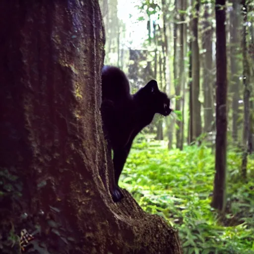 Image similar to a fantasy style mix of Neo from the Matrix in a forest and cute black cats, 50mm lens