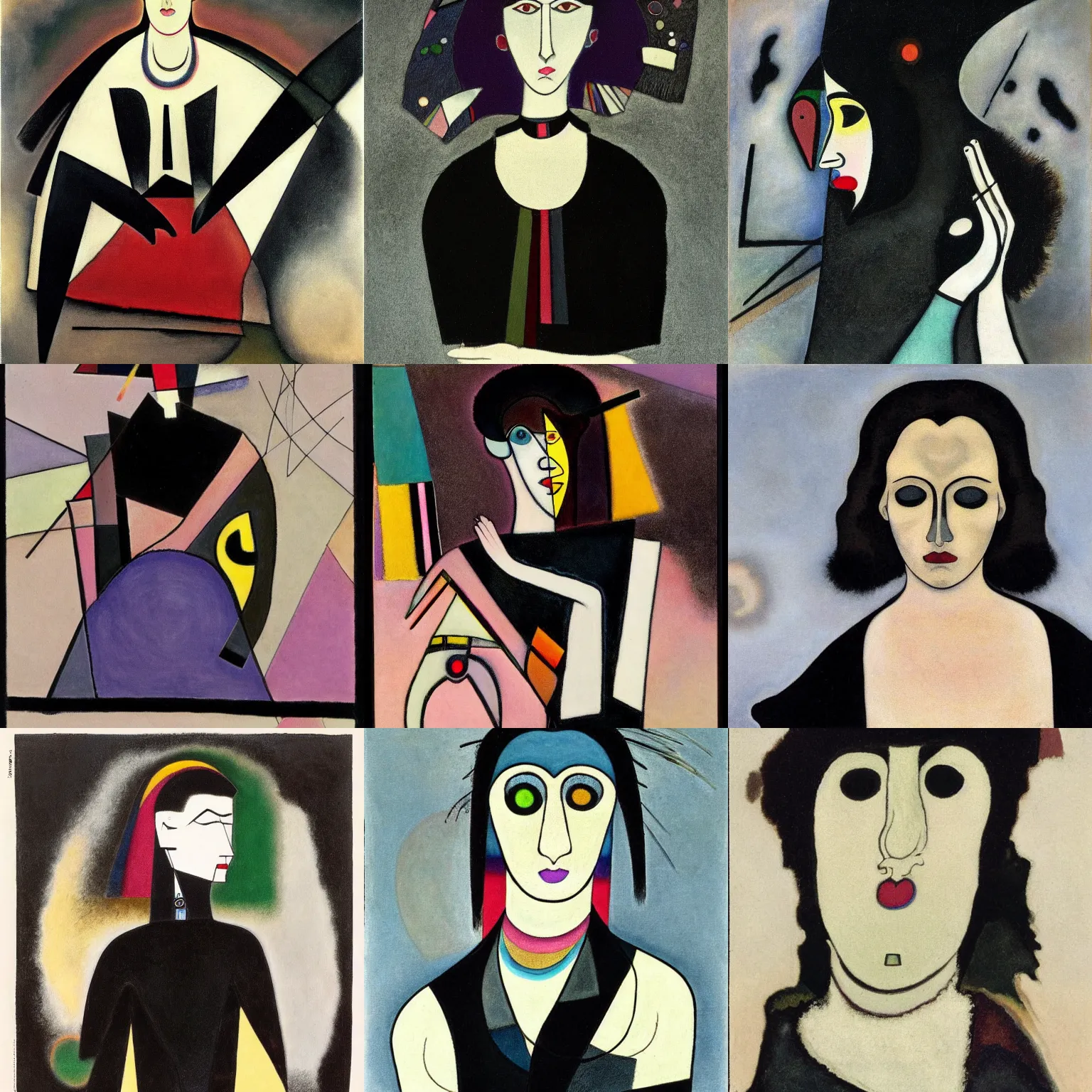 Prompt: A goth painted by Wassily Kandinsky. Her hair is dark brown and cut into a short, messy pixie cut. She has a slightly rounded face, with a pointed chin, large entirely-black eyes, and a small nose. She is wearing a black tank top, a black leather jacket, a black knee-length skirt, a black choker, and black leather boots.