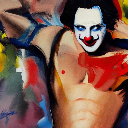 Prompt: photorealistic picture, by bob peak and alex ross, shirtless clown, gouache and wash paints, fine details, fine intricate, fine facial proportionate, fine body proportionate, fine fix broken line, fine fix duplicate line, fine background proportionate, smooth focus, sharp details, bokeh, 4 k, fine 5 k details