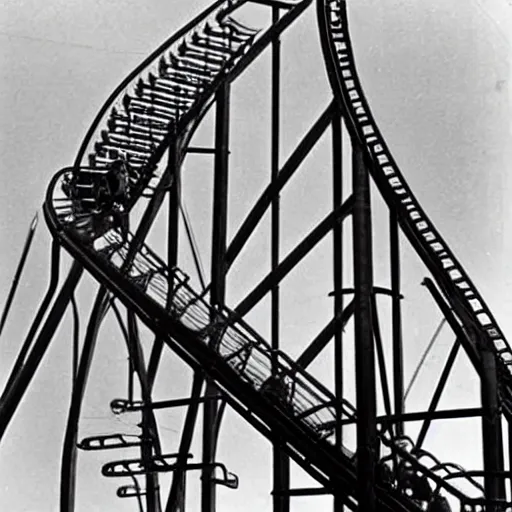 Prompt: a roller coaster designed by MC Escher, top earning attraction, best amusement park, on-ride photo, 1966