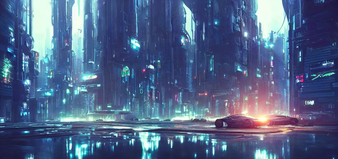 Image similar to view from the ground of a futuristic cyberpunk city at night in rain, with flying cars, symmetry, cinematic lighting, ultra detailed, sharp, ambient occlusion, raytracing, by greg rutowski, paul chadeisson and jessica rossier