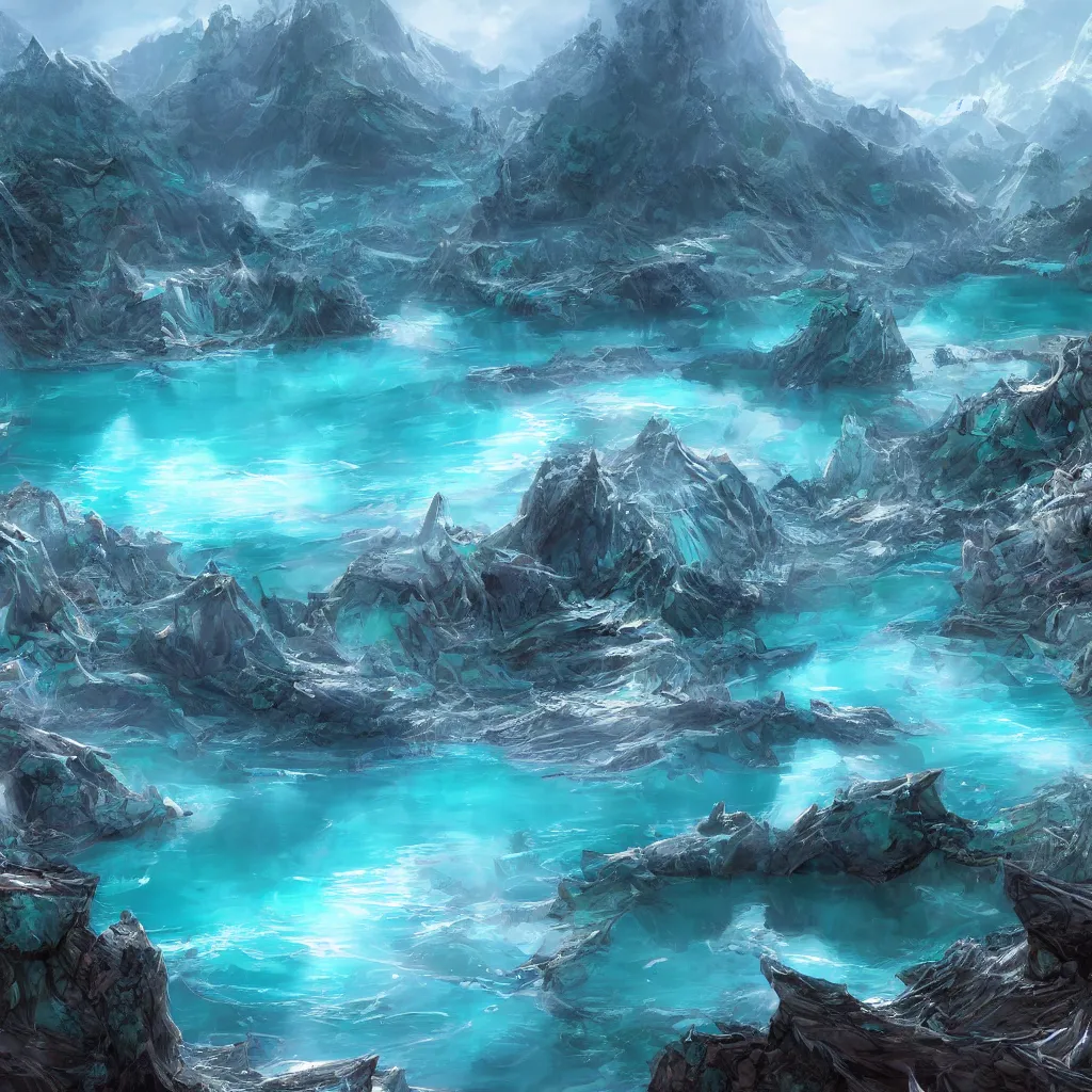 Image similar to crystalline turquoise lake, digital art, concept art, fantasy art, highly detailed, hd wallpaper, hdr, artstation, deviantart, behance