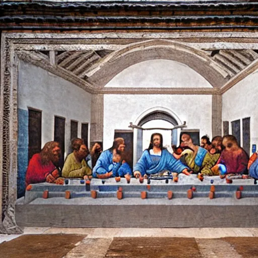 Image similar to on the wall of a stone temple, a large detailed stone carving of The Last Supper by Leonardo Da Vinci