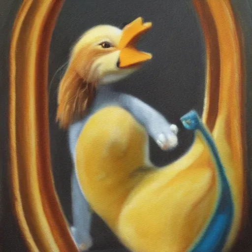 Prompt: cat riding a duck, detailed oil painting