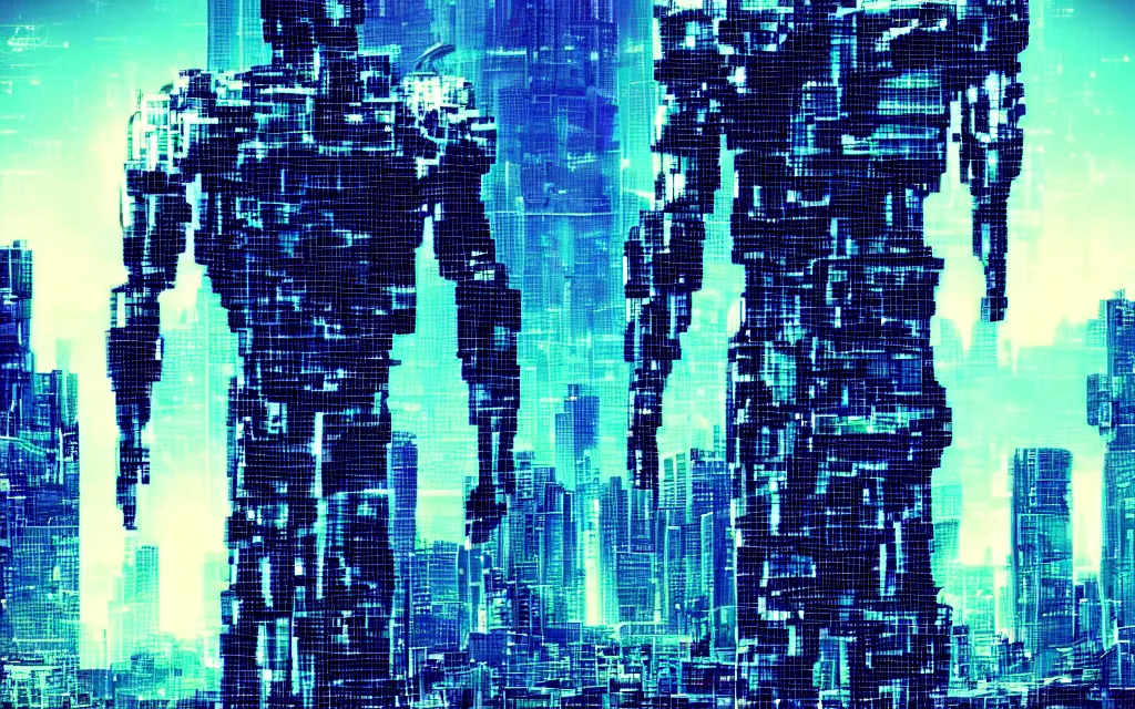 Prompt: cyborg in colossal tower data storage style cyberpunk retrowave william gibson high detalied realistic photo widescreen