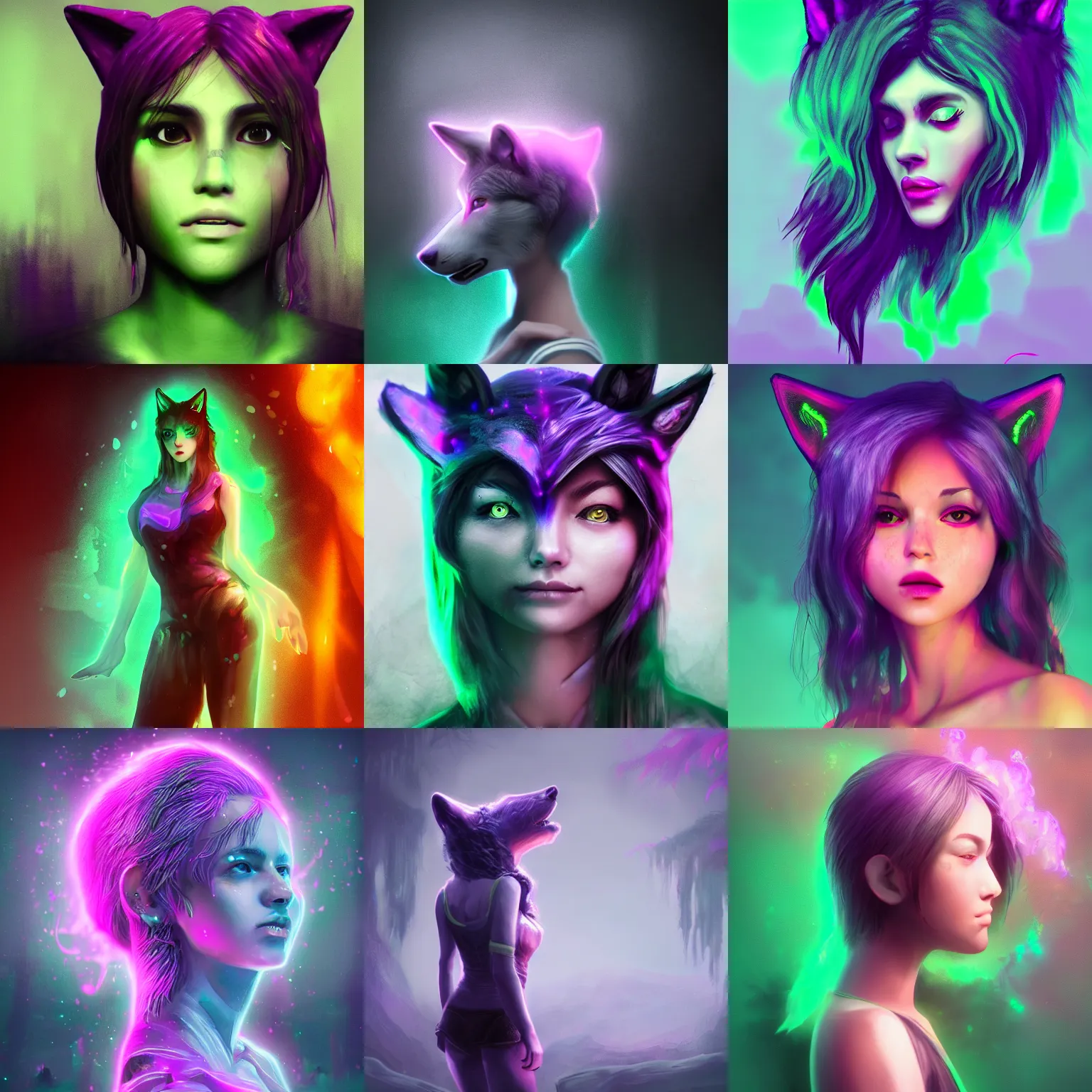 Prompt: A beautiful girl with the head of a wolf, trending on artstation, unreal engine, purple neon, green rain, matte painting