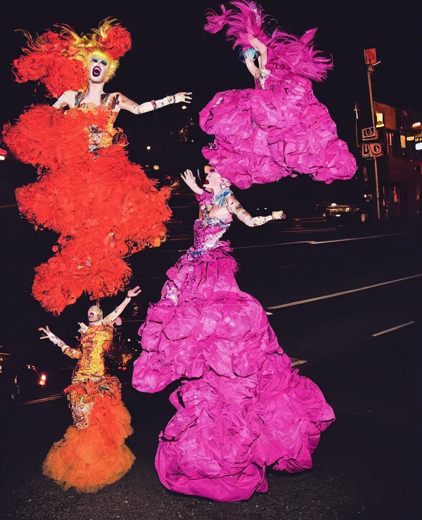 Image similar to 2 drag queens wearing Alexander McQueen gowns dancing in the street photographed by Ryan Mcginley at night with a color gel flash, detailed, hyper realistic photograph,