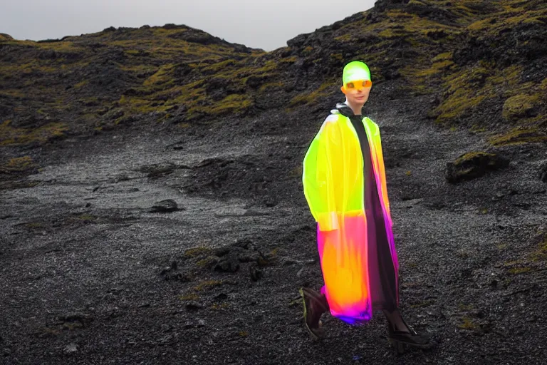 Image similar to an ultra high definition professional high fashion portrait studio full length photograph of a model wearing a transparent pearlescent raincoat and neon visor in an icelandic black rock environment at dawn. no artefacts. extremely detailed. stark. shallow depth of field. volumetric light and shadow. ray tracing. light ray.