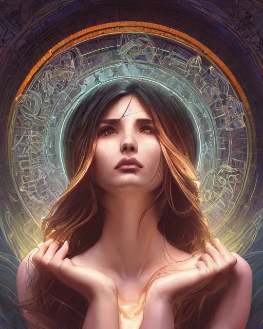 Prompt: illustration of a woman entranced bewitched mesmerized hypnotized mind controlled, spirals in eyes, by artgerm and wlop and greg rutkowski and alphonse mucha, digital art, extreme detail, realistic lighting, cinematic composition, concept art, sharp focus, colorful, photorealistic, 8 k