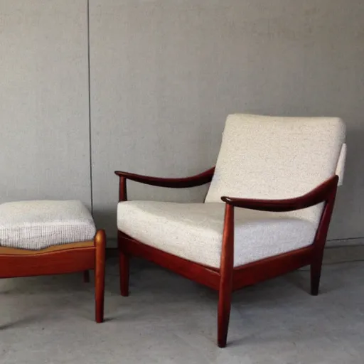 Image similar to a soft comfortable long chair, birch wood, tall, mid century modern, with an antique blue cotton ottoman