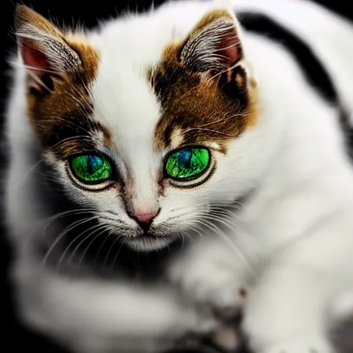 Image similar to kitten with gold eye and cyborg arm