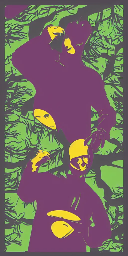 Prompt: shirt design, vector style, a warbler tweeting in a forest of prunes, fresh modern look, made with photoshop,