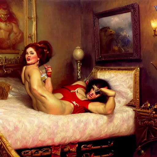 Prompt: macho man randy savage ring gear is in his bed, nervous and terrified, because miss elizaneth from hell is attacking him. highly detailed painting by gaston bussiere, j. c. leyendecker, greg rutkowski, craig mullins 8 k