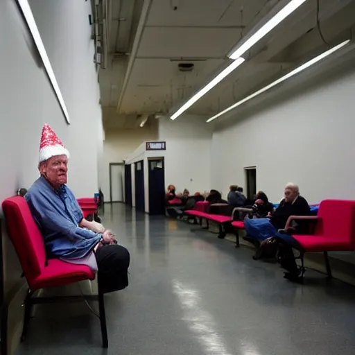 Prompt: wide angle portrait of werner herzog sitting alone in the waiting area of the dmv, wearing a party hat. wide shot, ansel adams, award winning, hyperrealistic, grand budapest hotel, studio lighting, very detailed face, chiaroscuro, film noir