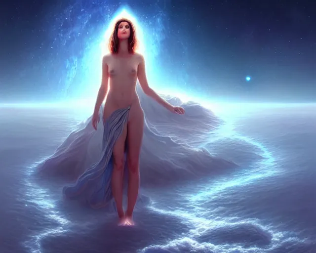 Prompt: a lone beautiful ethereal spirit standing along the shimmering crystalline shores of eternity, universe and planets and stars in the sky, unusual surreal, gorgeous artwork by artgerm, rutkowski, wlop, detailed, dramatic lighting