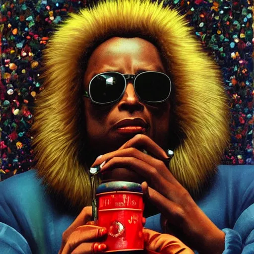 Image similar to beautiful fantasy character portrait, miles davis, bitches brew, wearing puffy bomber jacket with fur, by malti klarwein