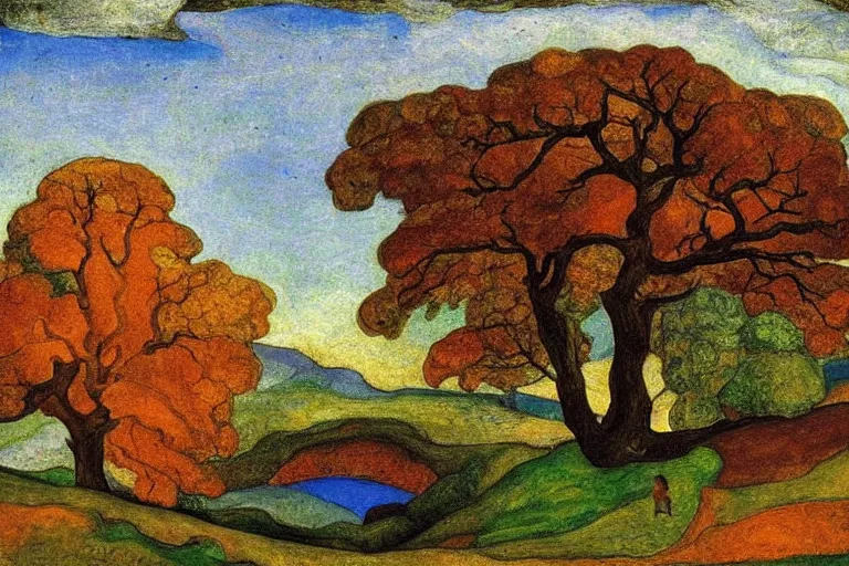 Image similar to masterpiece painting of oak trees on a hillside overlooking a creek, dramatic lighting, by phoebe anna traquair