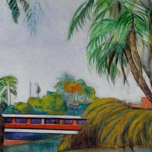 Prompt: a long river, tied bridge on local river, a lot of boat in river, 2 number house near a lot of palm trees and bougainvillea, summer, painting style of mondrian gray tree - 1 0 0 0